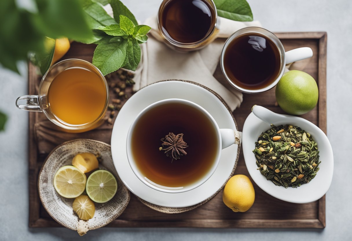 A table set with various types of tea, fresh fruits, and a journal for planning a tea weight loss cleanse