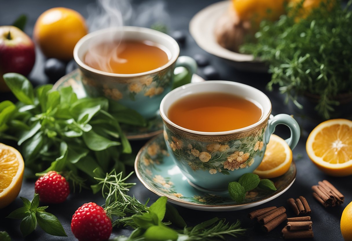 A steaming cup of tea surrounded by fresh herbs and fruits, with a serene and calming atmosphere