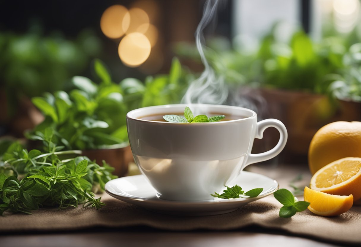 A steaming cup of tea surrounded by fresh herbs and fruits, with a sense of calm and wellness in the air