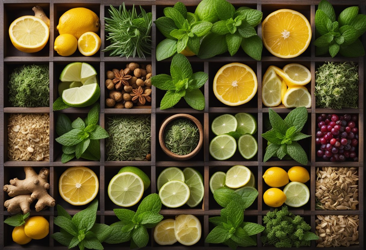 A variety of herbs and fruits, such as green tea, ginger, lemon, and mint, are arranged in a beautiful display, ready to be used in slimming detox teas