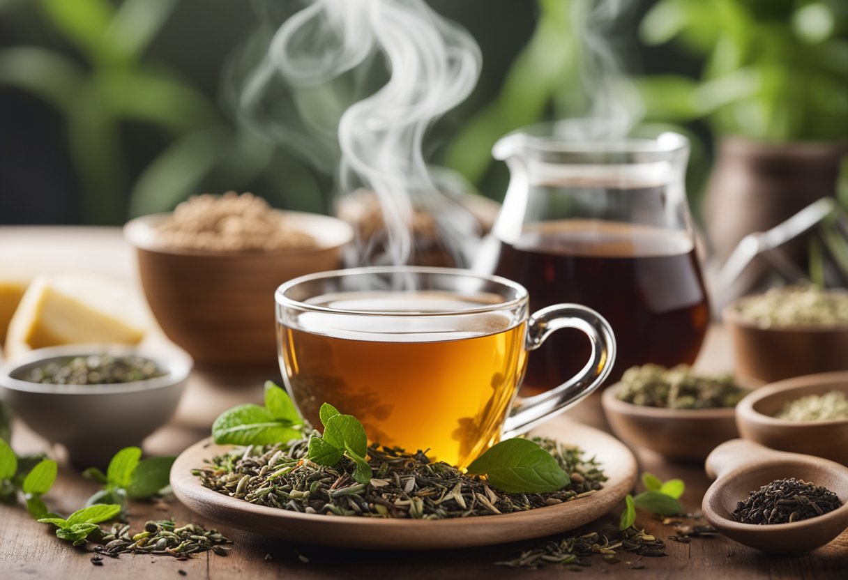 A steaming cup of tea surrounded by various herbs and ingredients, with a scale nearby, symbolizing the health benefits and potential risks of a slimming detox tea