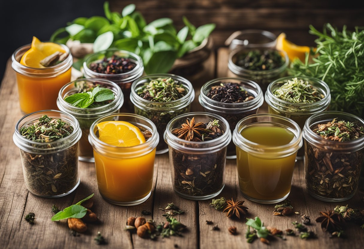 A variety of loose-leaf and bagged detox teas displayed on a wooden table with fresh herbs and fruits in the background