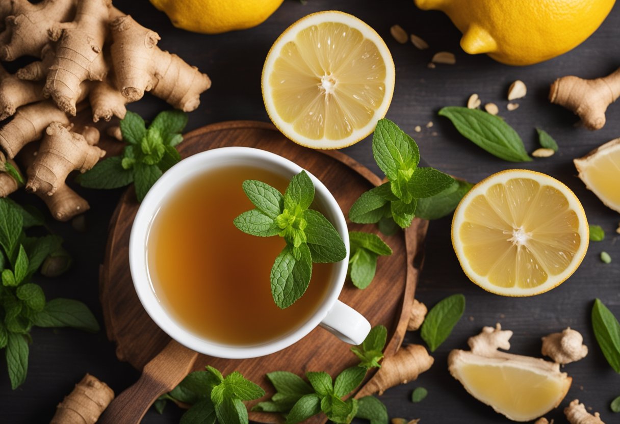 A steaming cup of detox tea surrounded by vibrant, fresh ingredients like ginger, lemon, and mint. A sense of rejuvenation and wellness emanates from the scene