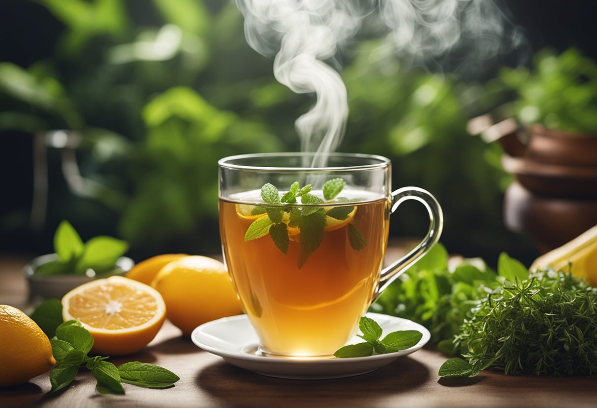 A steaming cup of detox tea surrounded by fresh, vibrant herbs and fruits, with a gentle wisp of steam rising from the surface