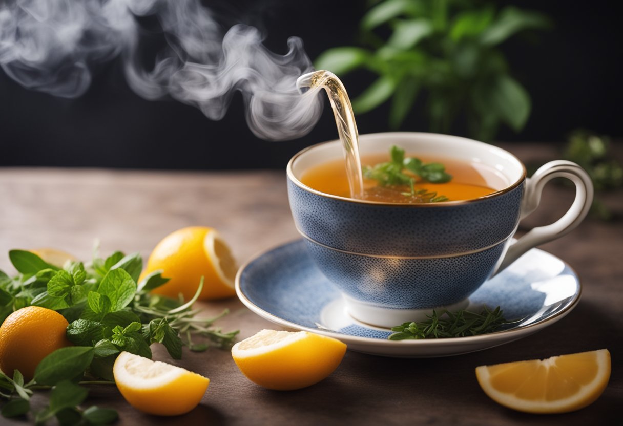 A steaming cup of detox tea surrounded by fresh herbs and fruits, with a gentle wisp of steam rising from the surface