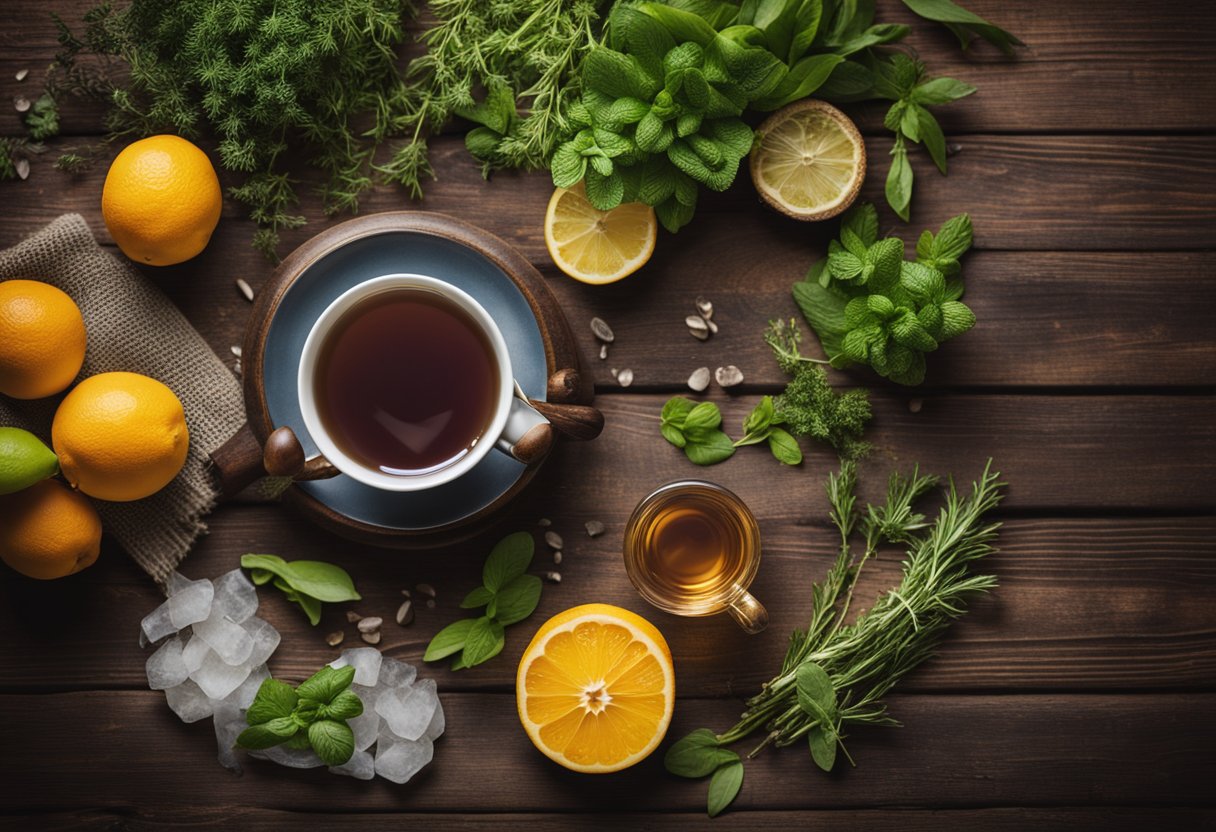 A steaming cup of detox tea surrounded by fresh herbs and fruits on a rustic wooden table