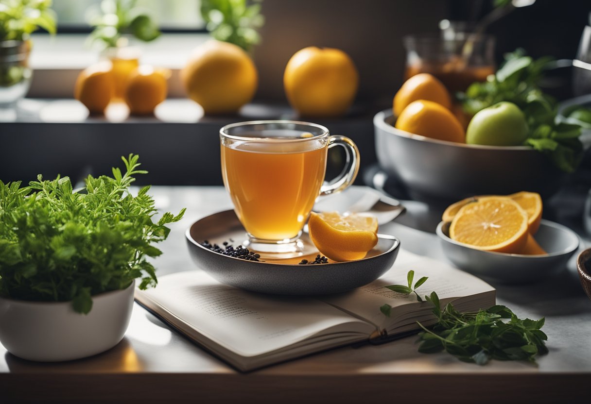 A steaming cup of detox tea sits on a kitchen counter, surrounded by fresh herbs and fruits. A journal and pen are nearby, suggesting a mindful daily routine