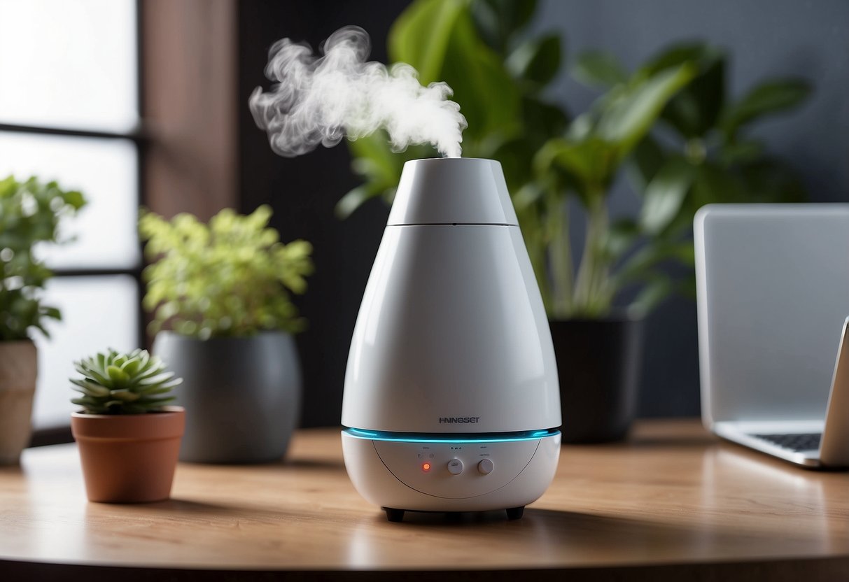 A desk humidifier emits mist, raising room humidity