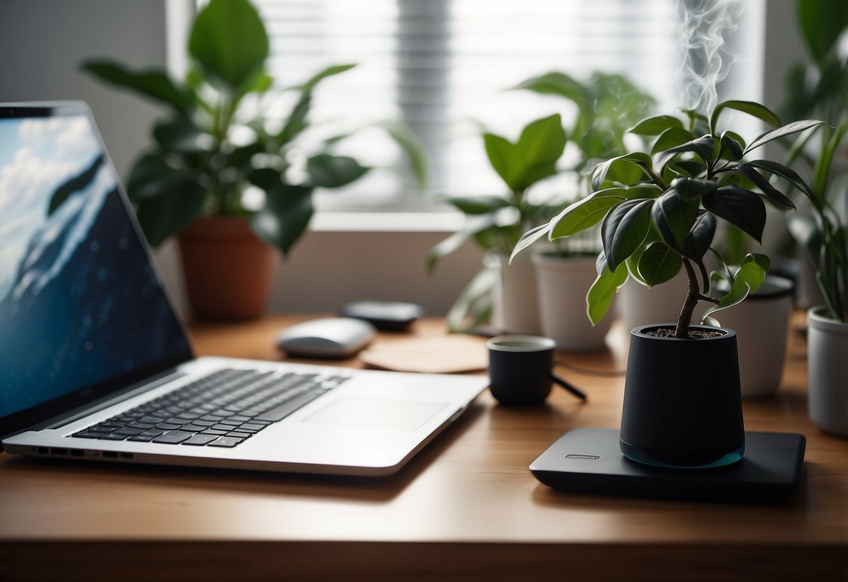 A hand reaches for a sleek desk humidifier on a clutter-free desk, surrounded by a laptop, notebook, and potted plant