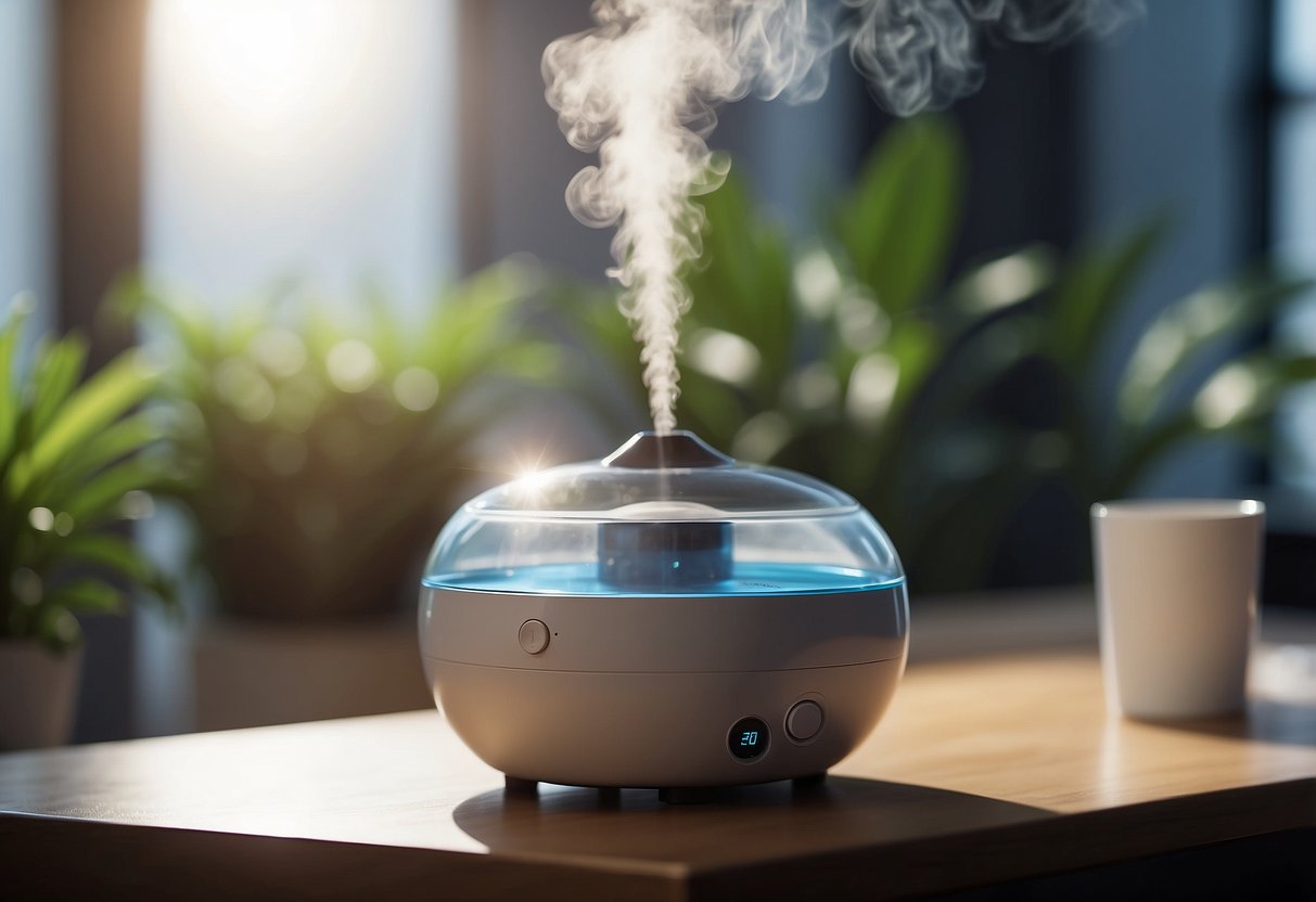 A desk humidifier releases a fine mist, increasing the moisture level in the air