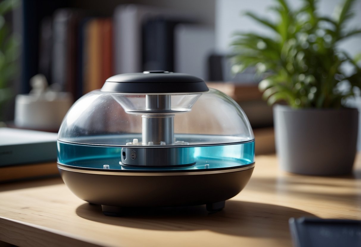 A desk humidifier sits on a clean, clutter-free desk. A small water tank is being filled with distilled water, while the filter is being replaced