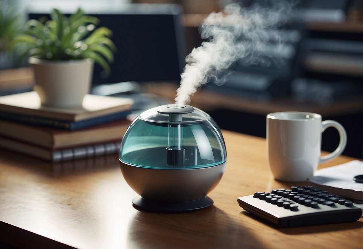 A desk humidifier sits on a cluttered desk, surrounded by office supplies. It emits a fine mist, creating a small cloud of moisture in the dry environment