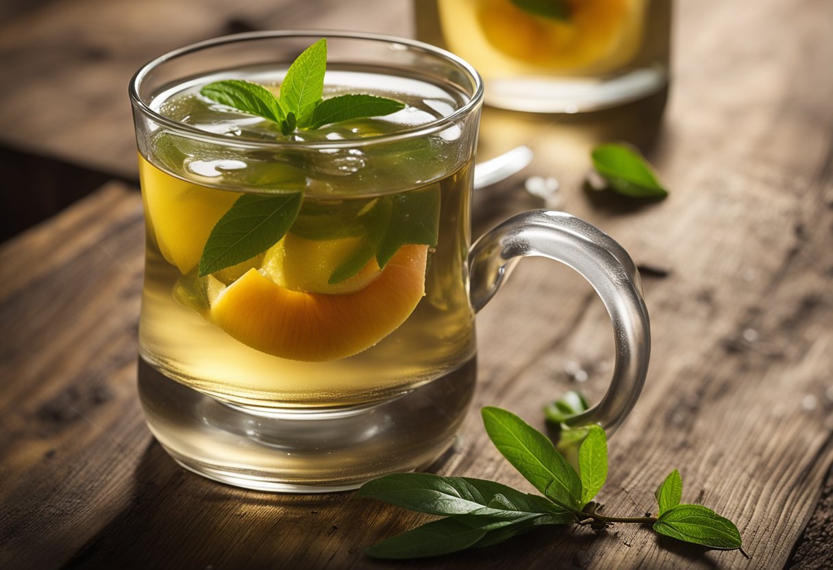 A glass of peach green tea sits on a wooden table, with a slice of peach resting on the rim. A tea bag dangles from the edge, and condensation glistens on the glass