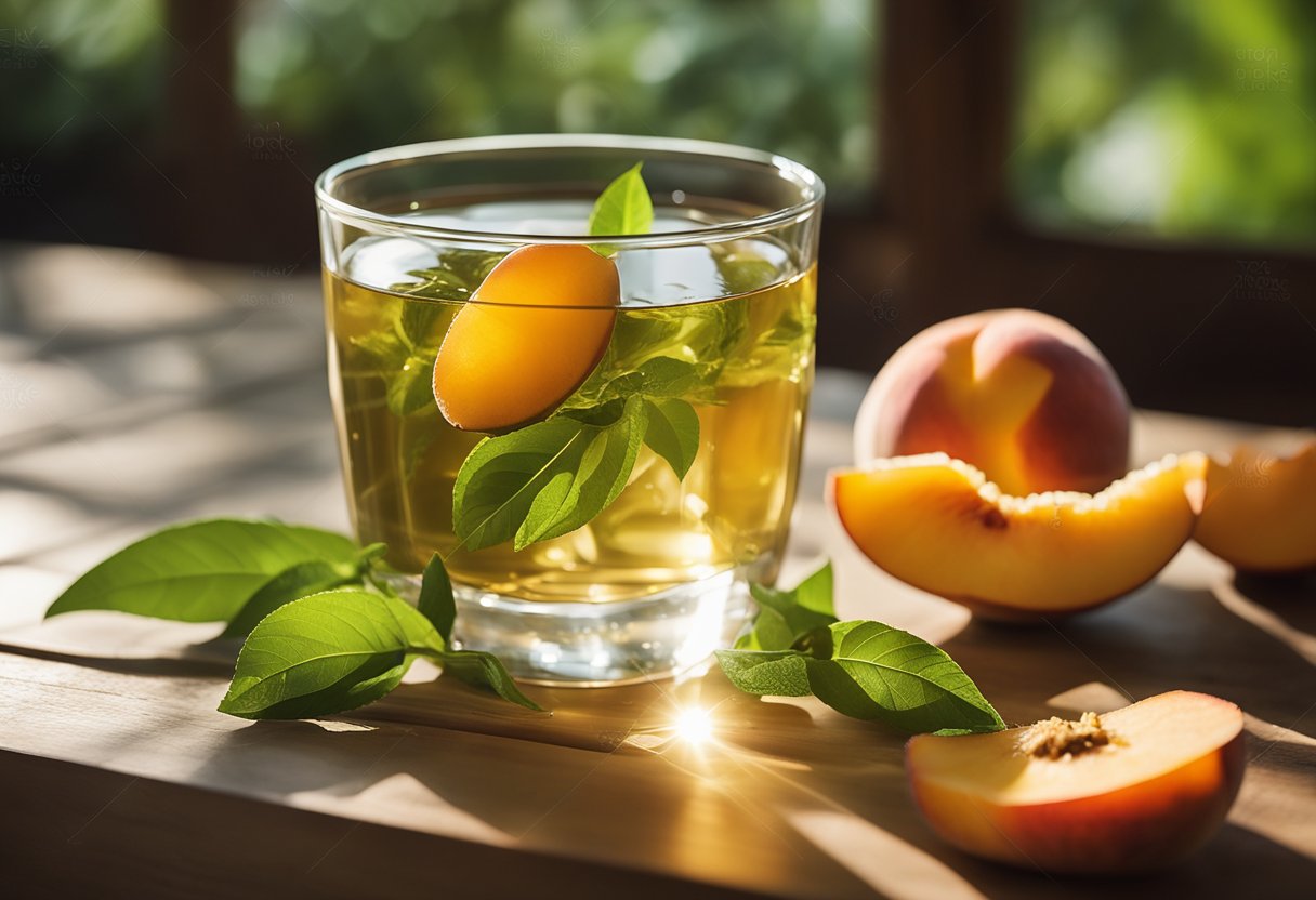 A glass of peach green tea sits on a wooden table, surrounded by fresh peach slices and loose tea leaves. The sunlight streams through a window, casting a warm glow on the scene