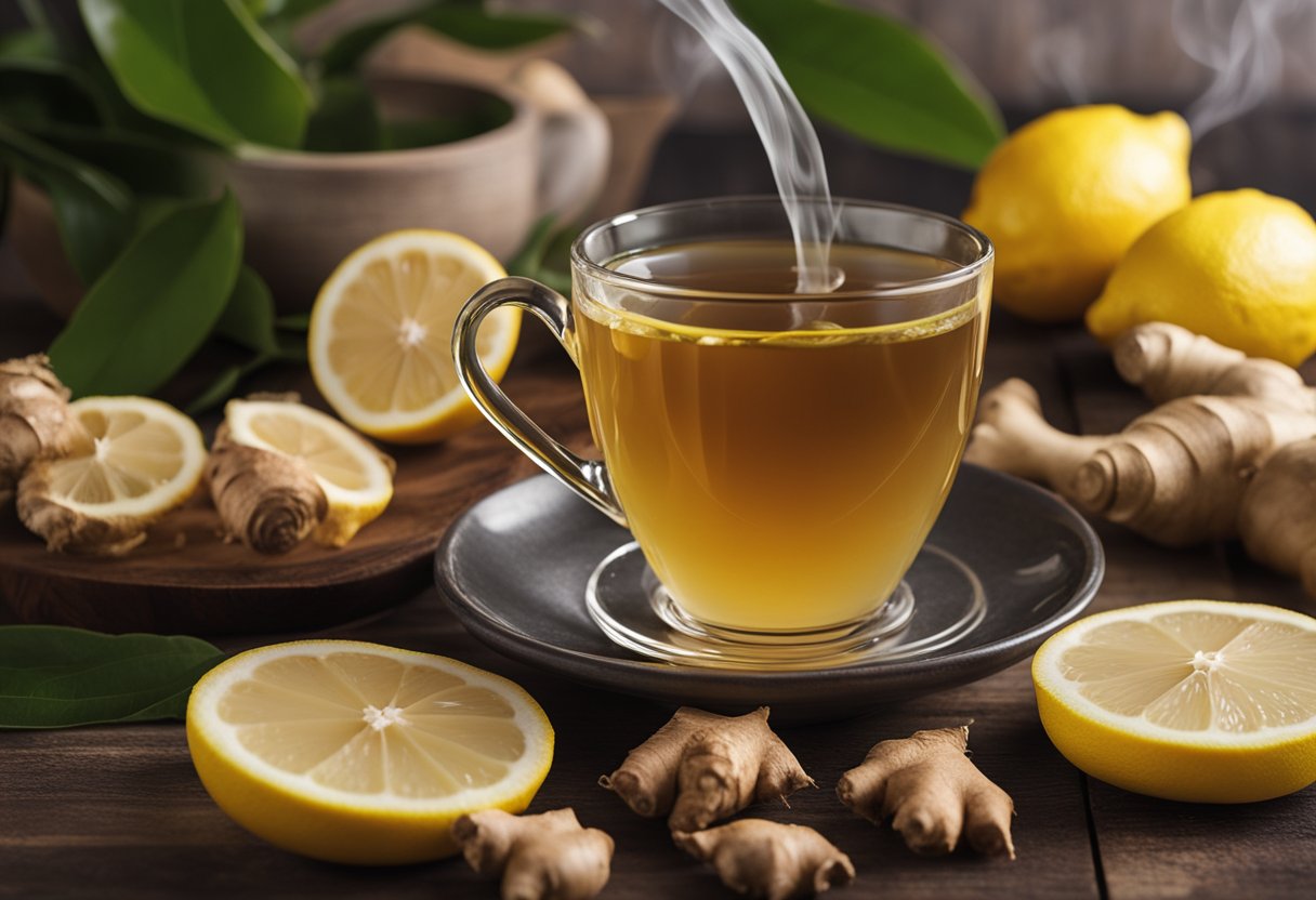 A steaming cup of lemon and ginger detox tea sits on a wooden table, surrounded by fresh lemon slices and ginger roots