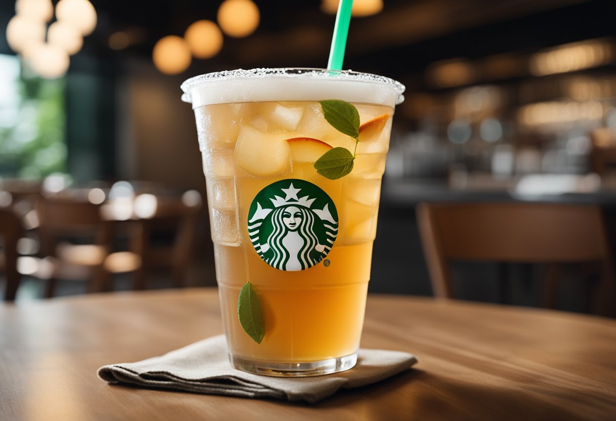 A glass of peach green tea sits on a table with a Starbucks logo. Slices of peach and ice float in the tea, with a straw sticking out