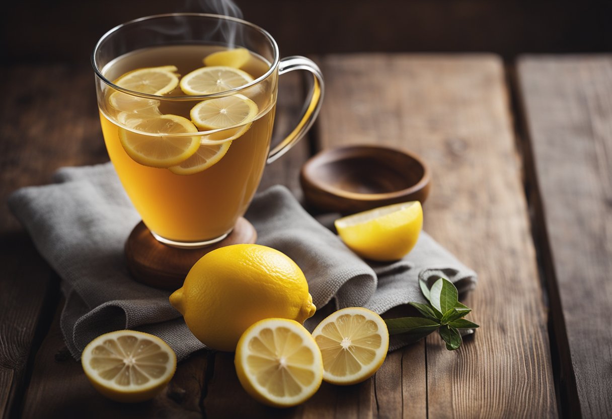 A steaming cup of lemon and ginger detox tea sits on a wooden table, surrounded by fresh lemon slices and ginger roots. A gentle steam rises from the cup, creating a cozy and inviting atmosphere