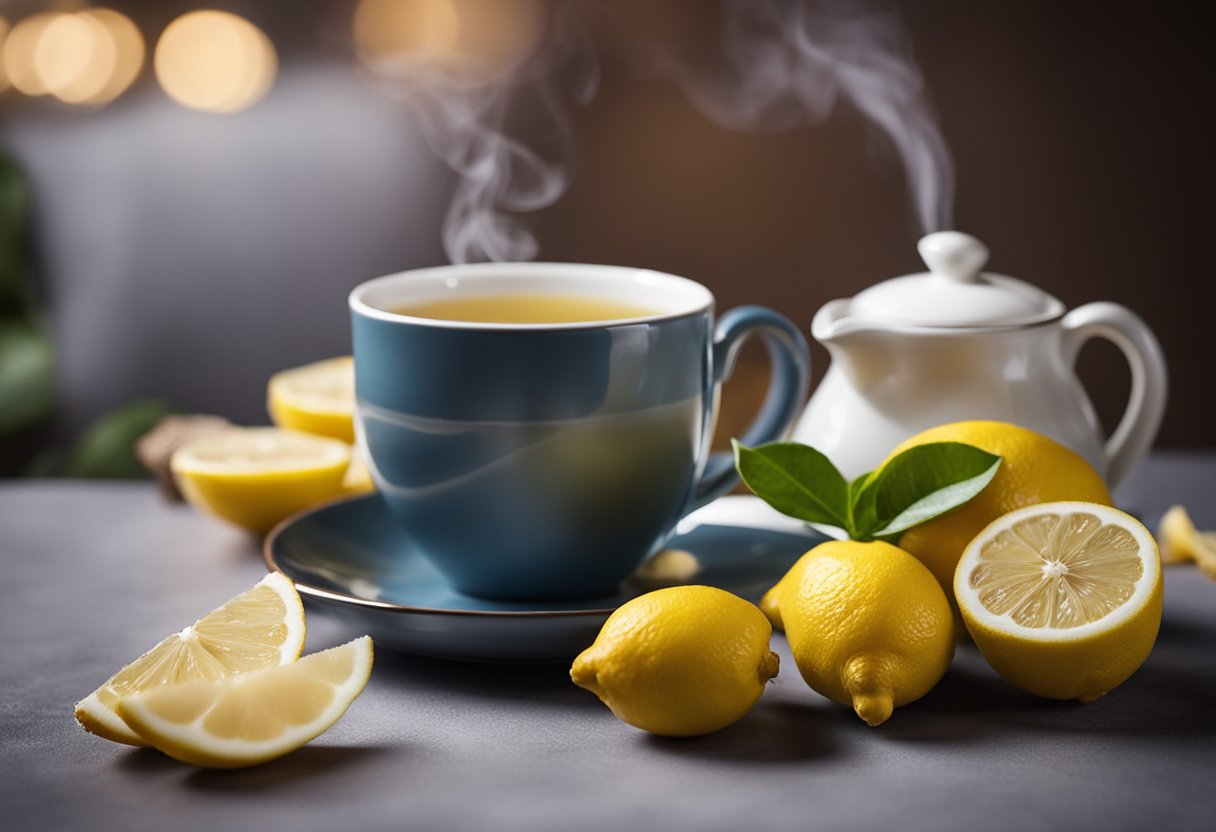 Lemons and ginger sit beside a steaming cup of tea, symbolizing detox and cleansing properties