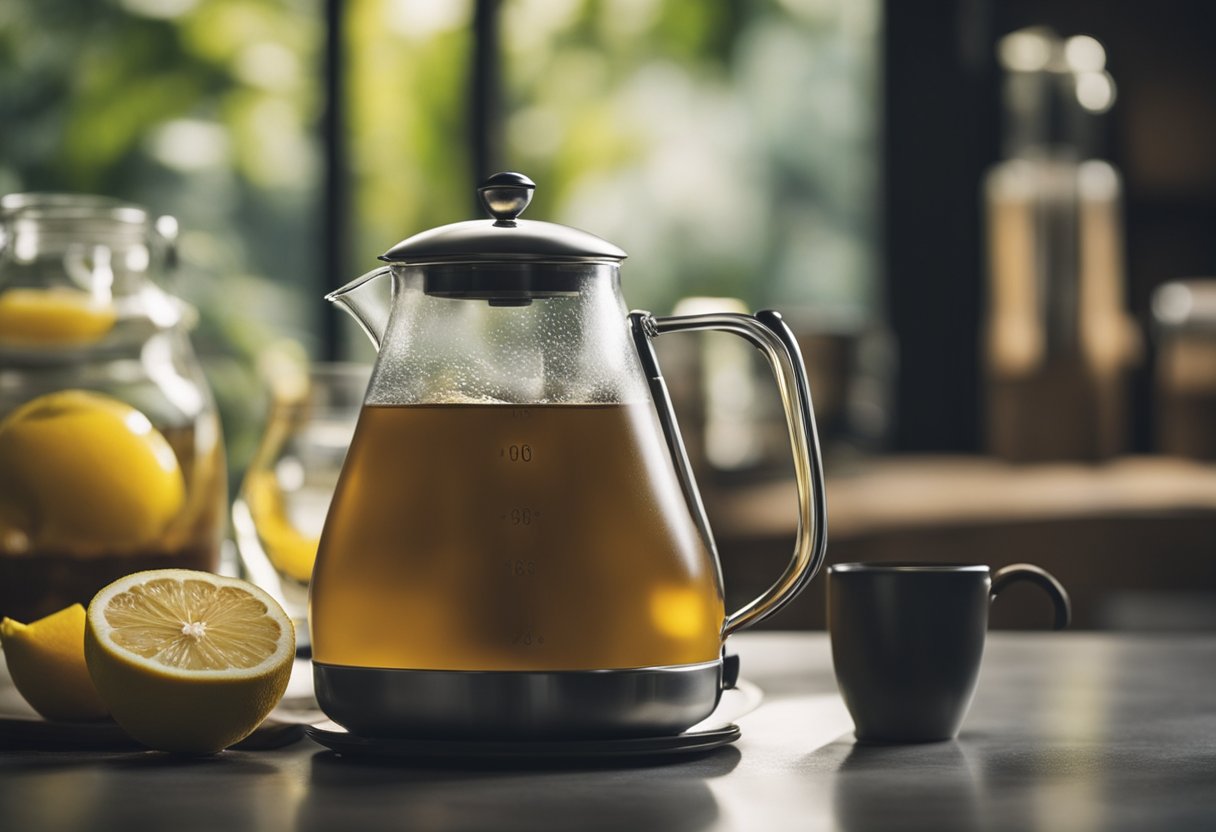 A kettle boils water. Lemon and ginger are sliced. Teabags steep in hot water. A pitcher is filled with the fragrant tea