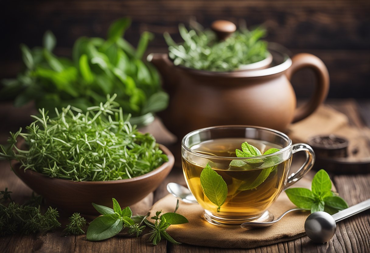 A steaming cup of weight loss tea sits on a rustic wooden table, surrounded by fresh herbs and a tape measure, with a bright, energizing background