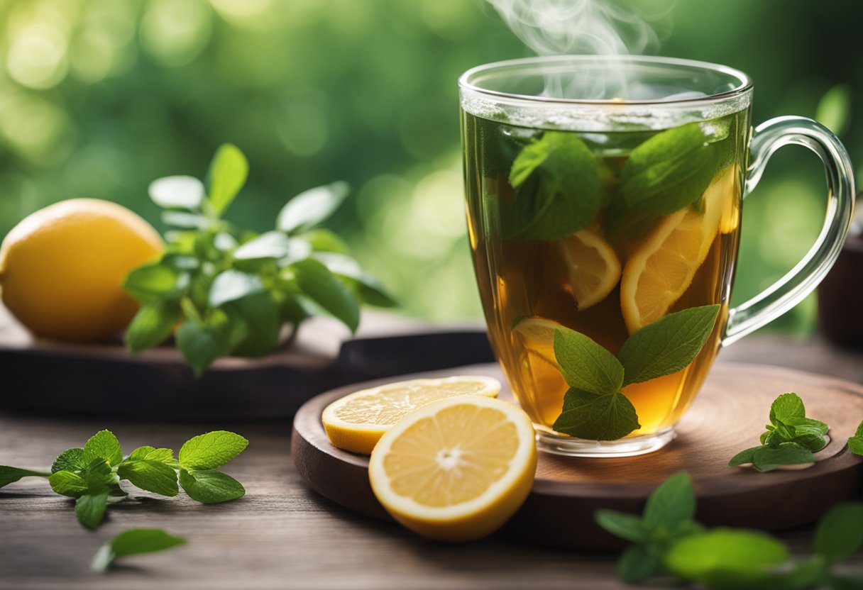 A steaming cup of detox tea surrounded by fresh herbs and fruits, with a peaceful and serene backdrop of nature