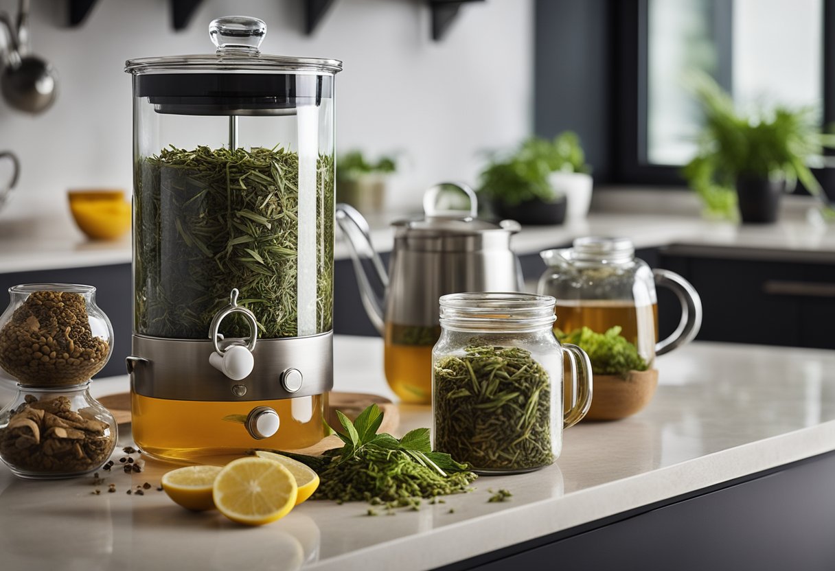 A colorful array of herbal teas and ingredients, including green tea, ginger, and lemongrass, are displayed on a sleek, modern countertop. Labels tout their weight loss benefits, while steam rises from a freshly brewed pot