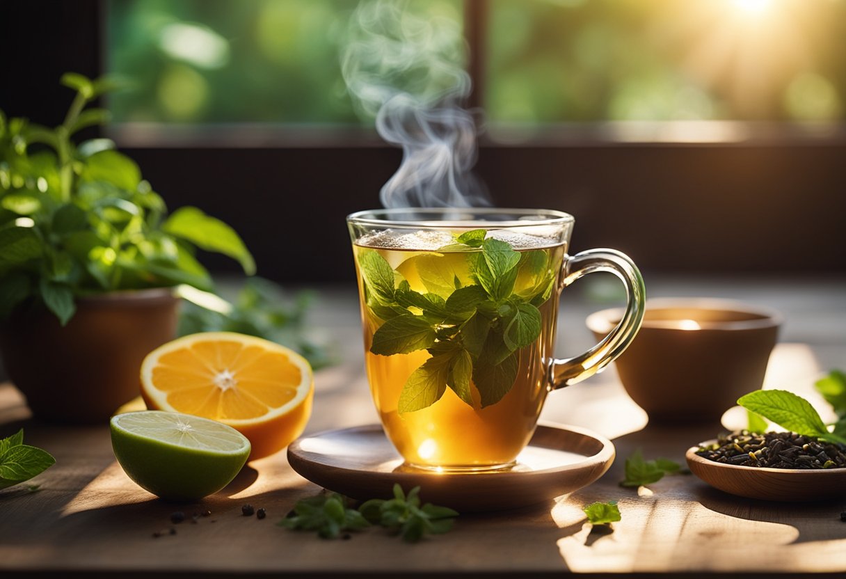 A steaming cup of detox tea surrounded by fresh herbs and fruits on a wooden table. The sunlight filters through a window, casting a warm glow on the scene