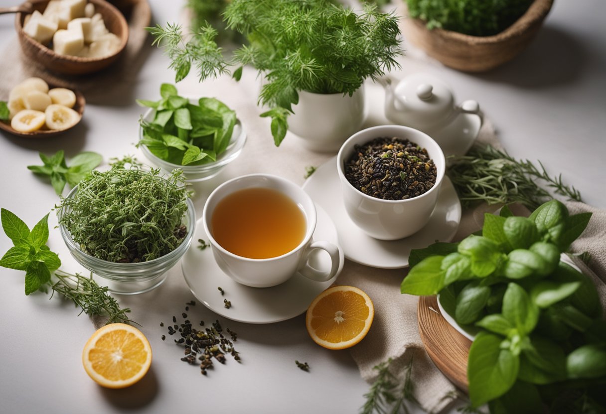 A steaming cup of detox tea surrounded by fresh herbs and fruits. A sense of calm and rejuvenation emanates from the scene