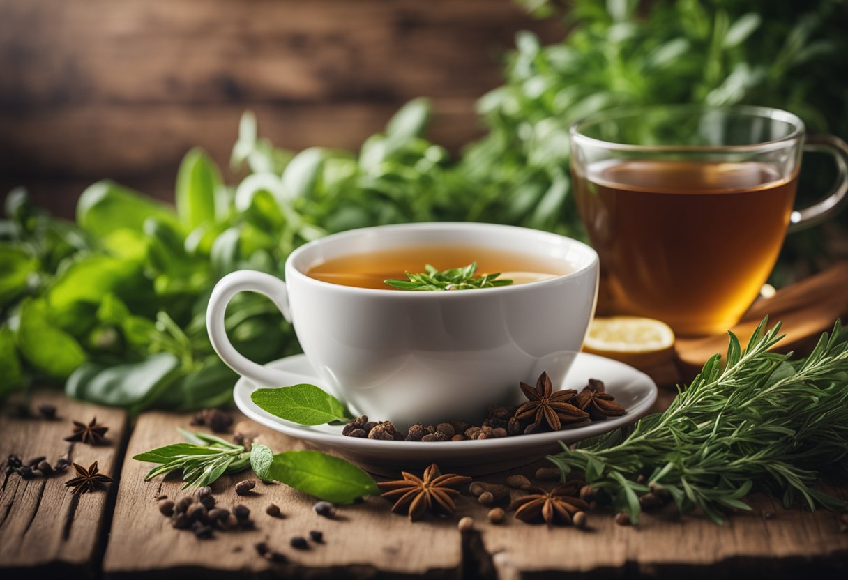 A steaming cup of detox tea surrounded by fresh herbs and spices on a rustic wooden table