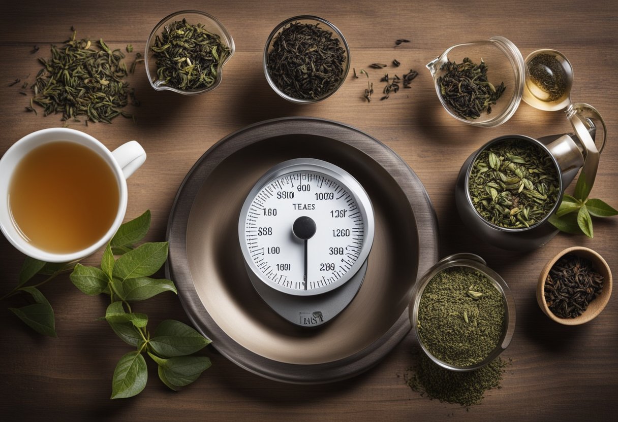 A table with various types of tea leaves, a scale, and scientific equipment. A chart showing weight loss results