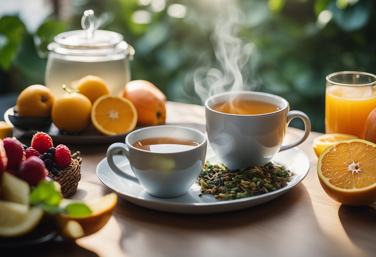 A serene morning scene with a steaming cup of detox tea on a cozy table, surrounded by fresh fruits and a yoga mat