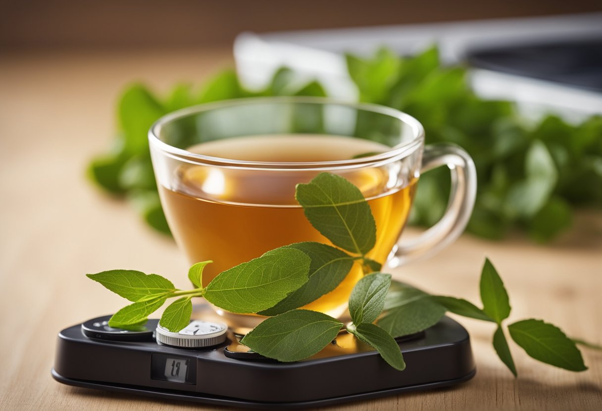 A steaming cup of herbal tea sits on a scale next to a tape measure. The tea leaves are depicted as slimming down, while the tape measure shows smaller numbers