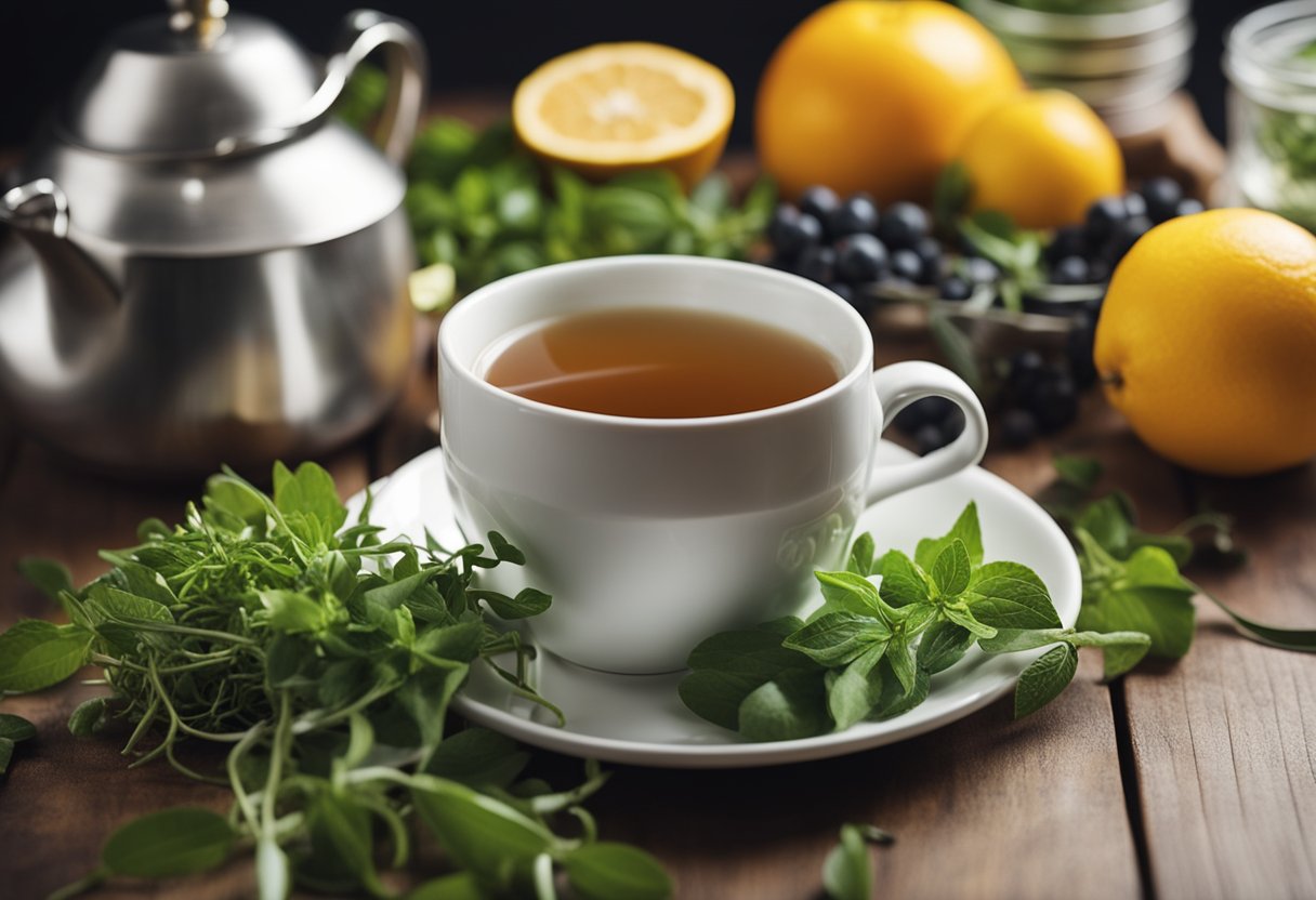 A steaming cup of tea sits on a table, surrounded by fresh herbs and fruits. A tape measure and scale are nearby, suggesting a focus on weight loss