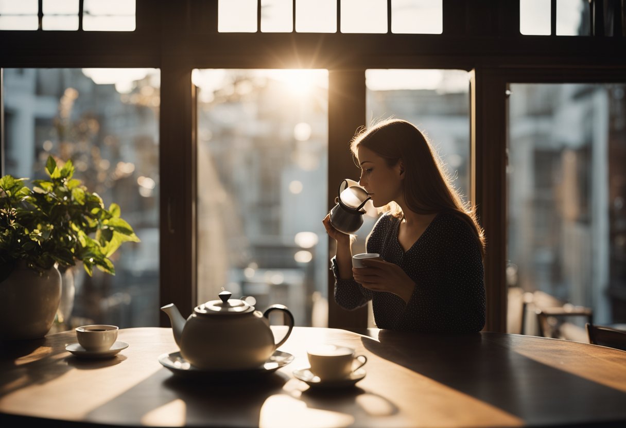 A person sipping tea while standing near a window, with a kettle and a teacup on a table. Sunlight streaming in, creating a warm and cozy atmosphere