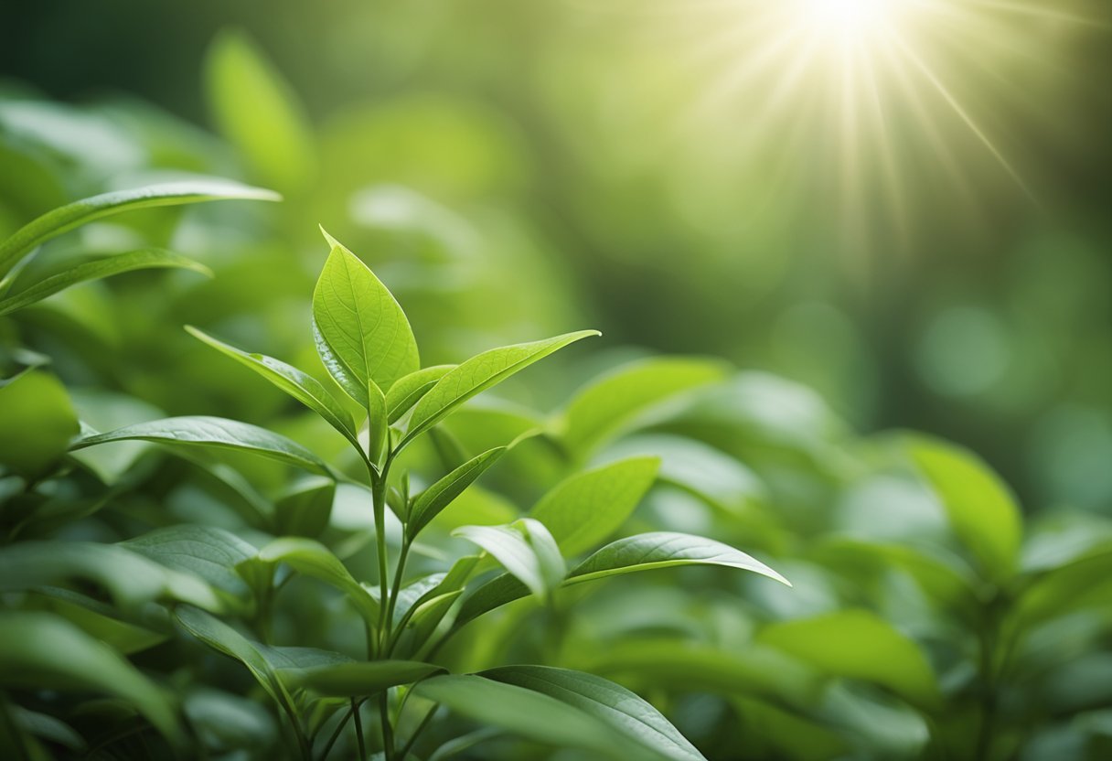 A serene, green tea plant surrounded by lush foliage, with delicate, slender leaves and a calming, natural atmosphere