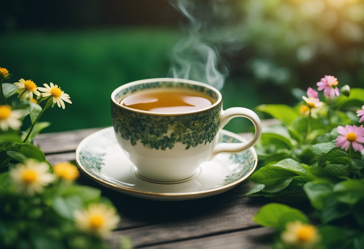 A serene garden with a steaming cup of Slim Natural Tea surrounded by vibrant green leaves and delicate flowers