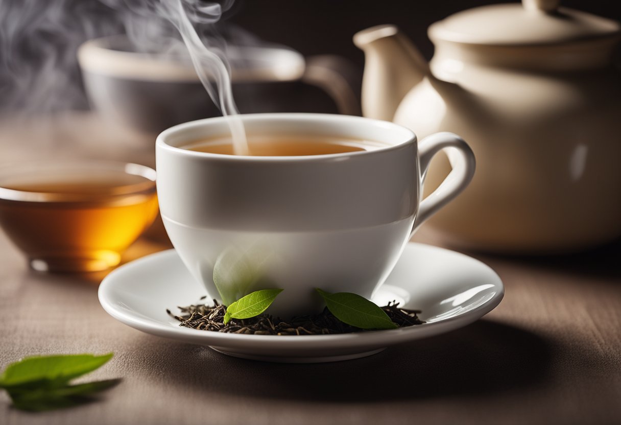 A tea bag of Slim Natural Tea steeping in a cup of hot water, with steam rising and the aroma wafting through the air