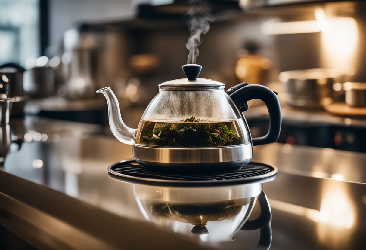 A kettle boils on a stove, steam rising. A teapot sits nearby, filled with loose tea leaves. A timer ticks as the tea brews to perfection