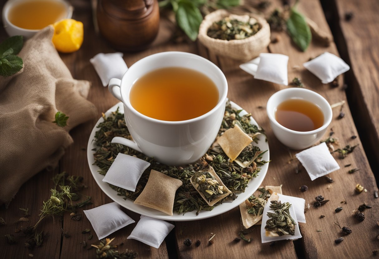 A variety of herbal tea bags scattered on a wooden table, with a steaming cup and a timer set to 14 days