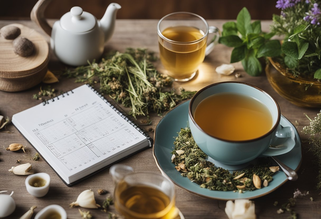 A table set with various herbal tea blends, a calendar showing 14 days, and a journal for tracking progress