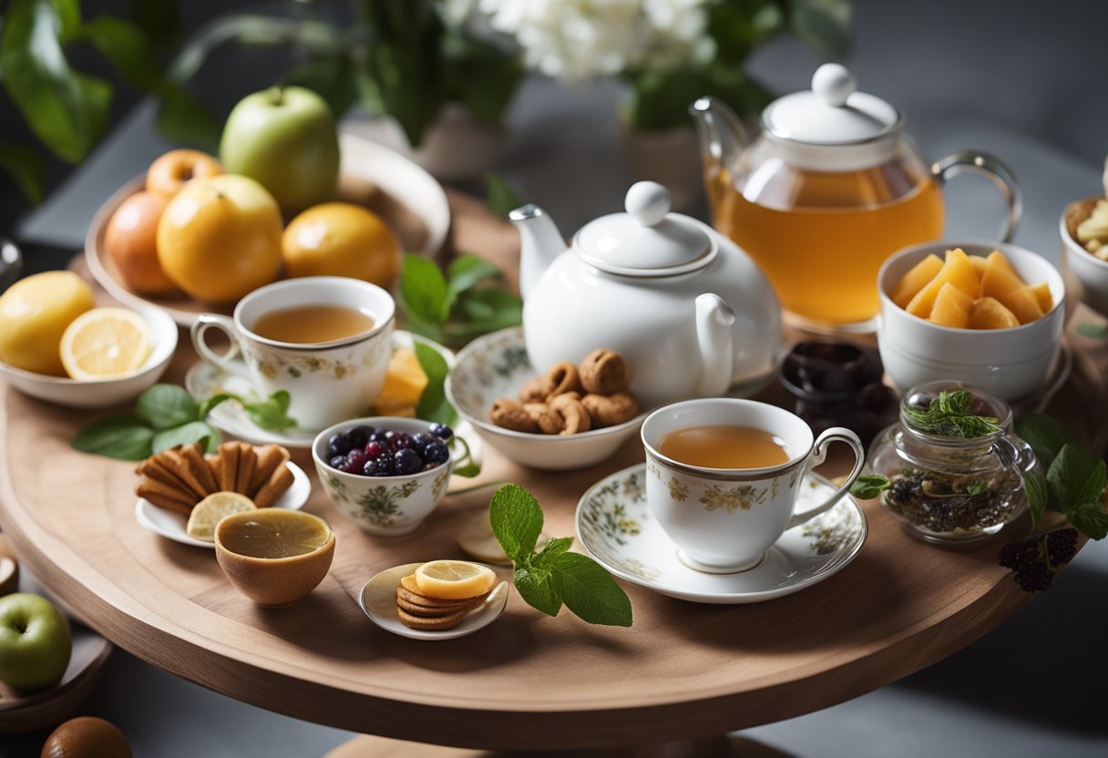 A table set with a variety of herbal tea blends, a teapot, and a stack of clean, empty teacups. Fresh fruit and a small plate of healthy snacks also arranged on the table