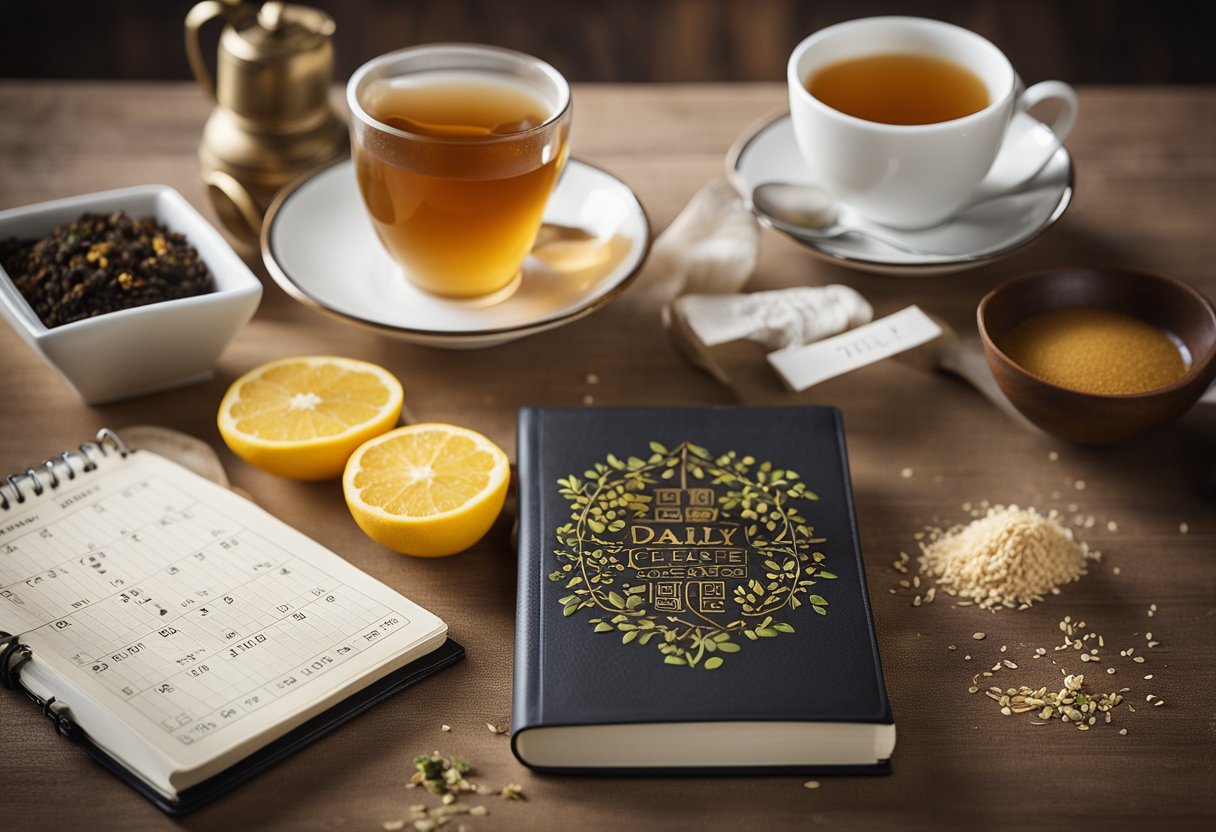 A table set with tea ingredients, a calendar showing 14 days, and a notebook with tea recipes open to a page titled "Daily Schedule and Tea Recipes 14 day tea cleanse."