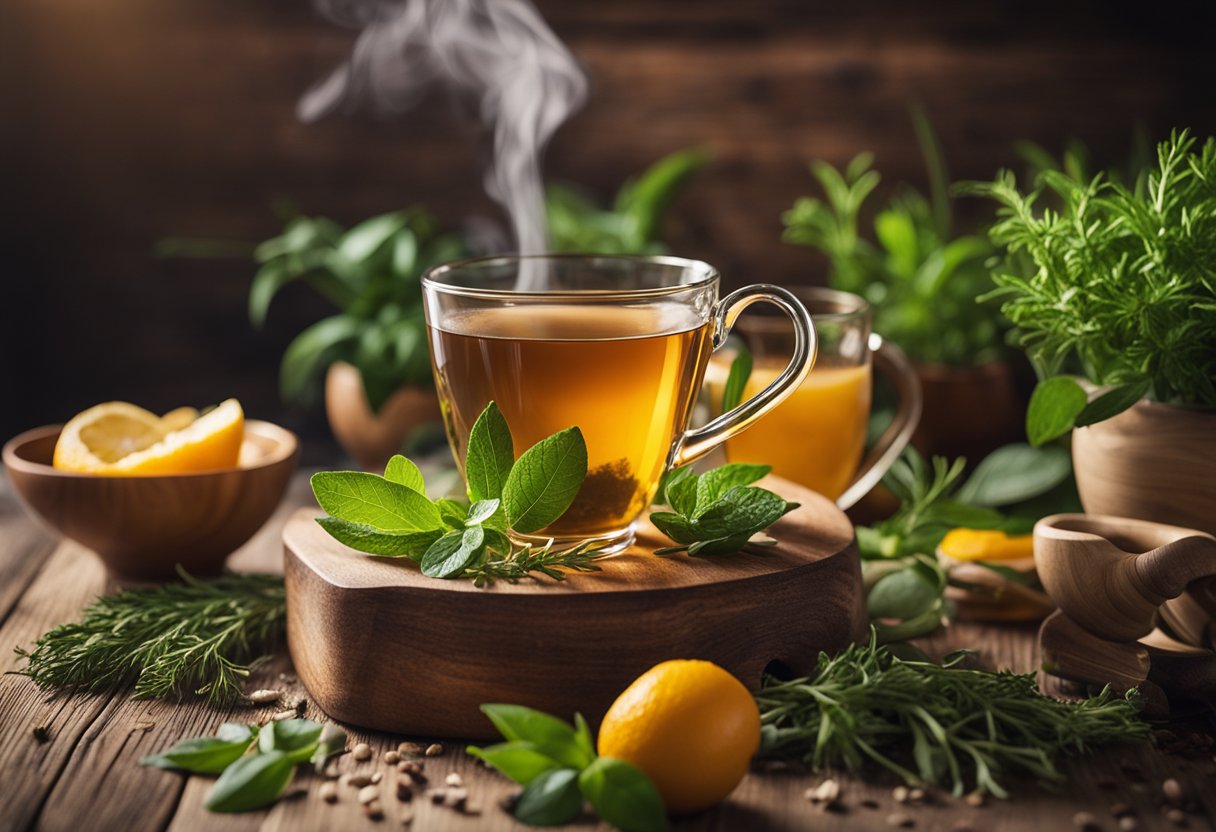 A steaming cup of detoxifying tea surrounded by fresh herbs and fruits on a wooden table