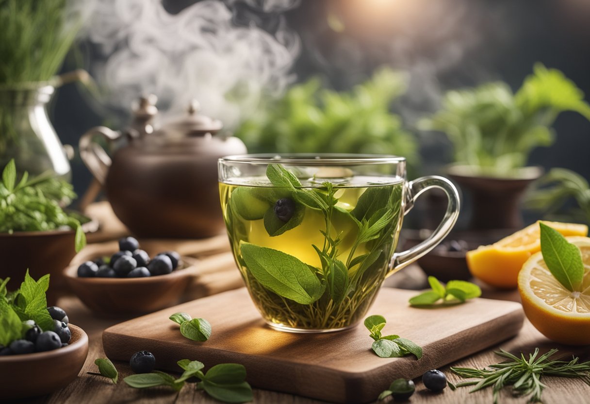 A steaming cup of detoxifying tea surrounded by fresh herbs and fruits, with a backdrop of scientific equipment and botanical illustrations