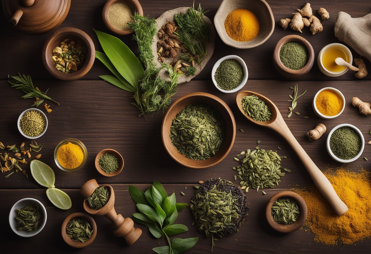 A variety of loose tea leaves and herbs are arranged on a wooden surface, including green tea, ginger, turmeric, and lemongrass. A mortar and pestle sit nearby for grinding ingredients