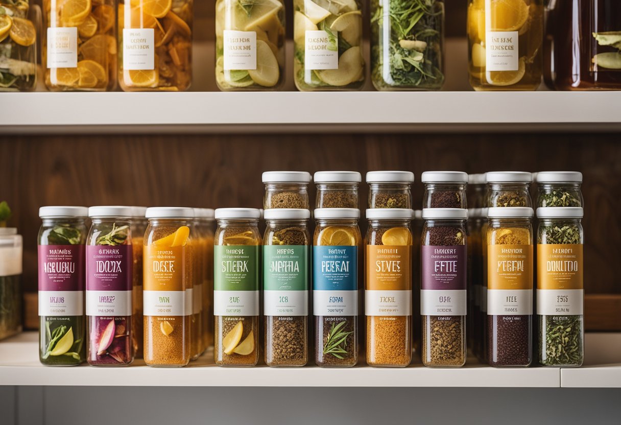 A variety of detox teas displayed on a shelf, with colorful packaging and natural ingredients like herbs and fruits