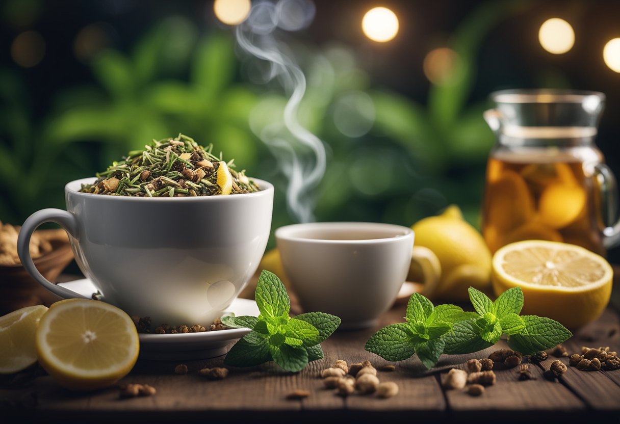 A steaming cup of herbal tea sits on a wooden table under the moonlit sky, surrounded by ingredients like ginger, lemon, and mint