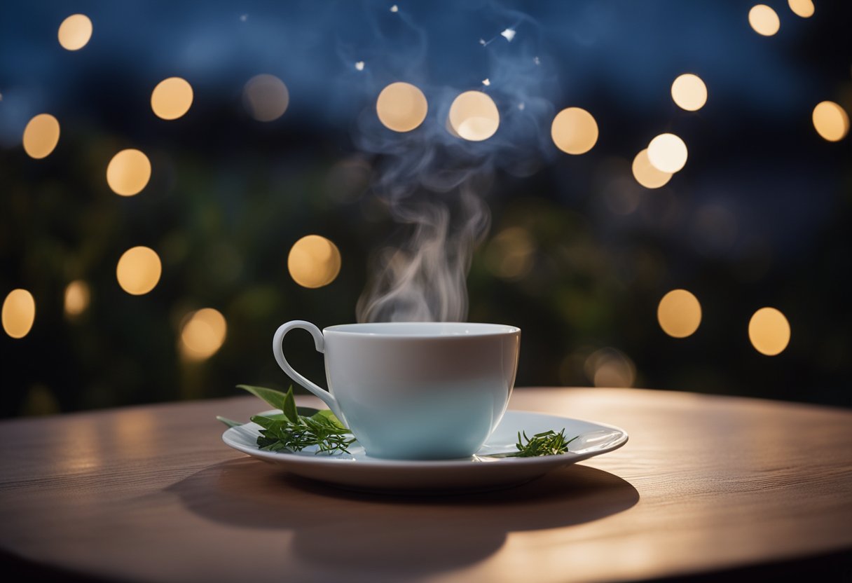 A steaming cup of night time tea sits on a cozy table, surrounded by calming elements like a moonlit sky, stars, and soothing herbs