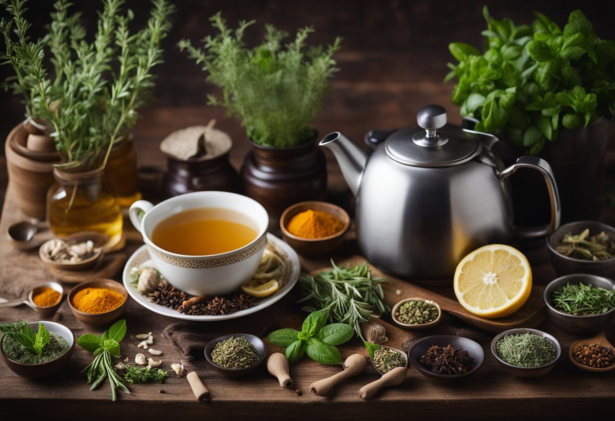 A table with a variety of fresh herbs and spices, a kettle steaming with hot water, and a teacup filled with fragrant night time weight loss tea