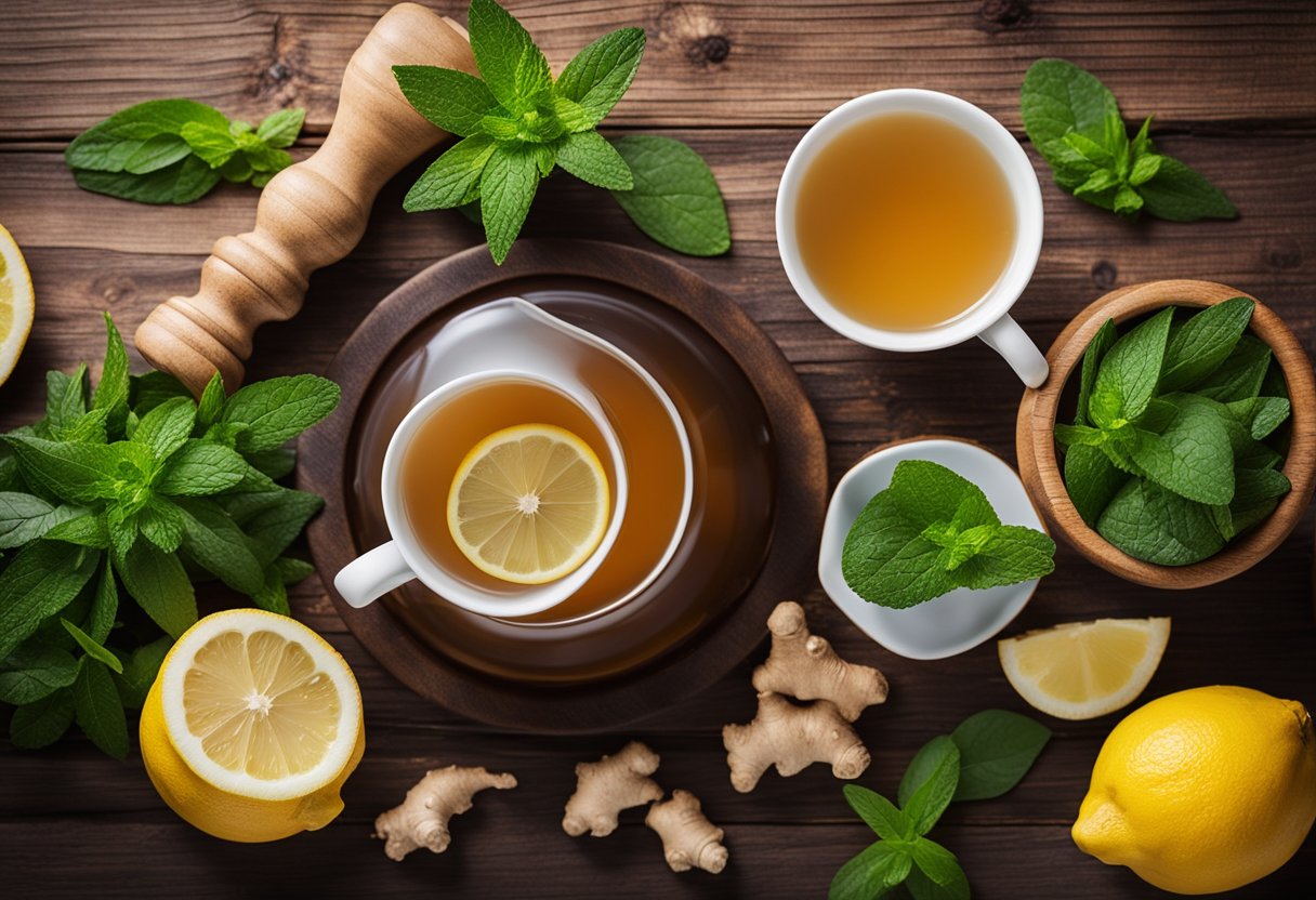 A steaming cup of FitTea detox tea sits on a wooden table, surrounded by fresh ingredients like ginger, lemon, and mint leaves